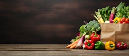 Poster - Grocery paper bag filled with a variety of fresh vegetables, with a copy space image.