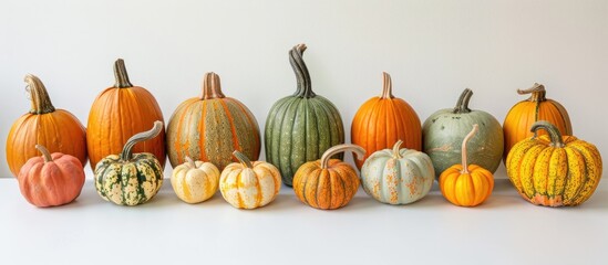 Poster - Various pumpkins arranged in front of a blank backdrop create a visually appealing copy space image.