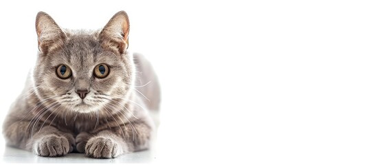 Wall Mural - Isolated photo of a grey cat on a white background with copy space image.