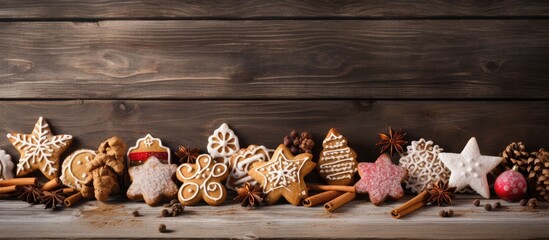 Aufkleber - Variety of homemade European Christmas cookies arranged on a wooden desk with copy space image.