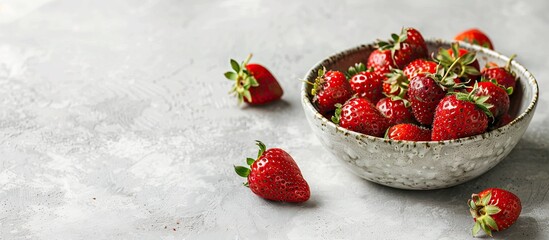 Poster - Fresh strawberries piled in a ceramic bowl on a rustic white surface with ample copy space image.