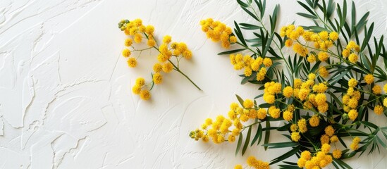 Fototapete - White surface featuring Mimosa blooms, ideal for expressing a concept linked to Spring, Easter, or Women's Day. Flat view layout with room for text.