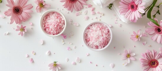 Poster - Spa facial concept with pink flowers on a white background, featuring selective focus for a natural aesthetic with copy space image.