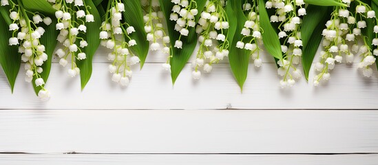 Aufkleber - Top-down view of an exquisite lily of the valley arrangement on a white wooden surface, perfect for adding text in the copy space image.