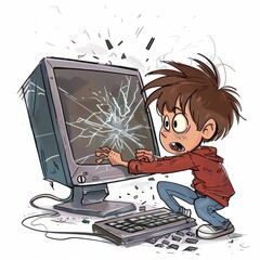 Sticker - a boy breaking a computer, Cartoon