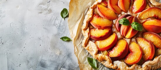 Poster - Light background with a raw peach galette on parchment, providing ample copy space image.