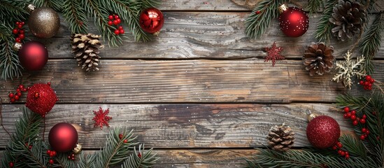 Aufkleber - Festive Christmas background showcasing lovely decorations on a wooden backdrop for New Year and Christmas holidays with copy space image.