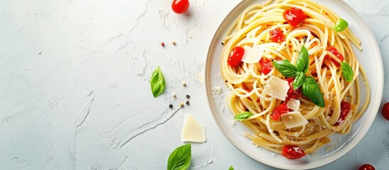 Aufkleber - Top view of Italian pasta with tomato sauce, cheese, and basil on a bright background, allowing for text in the copy space image.
