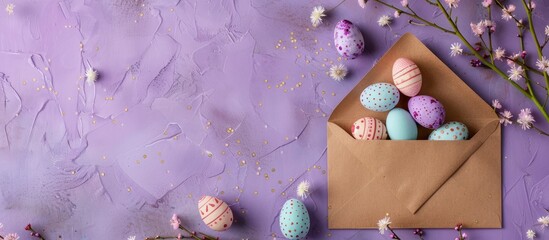 Poster - Purple background with Easter decor - a Kraft envelope surrounded by eggs, ideal for an Easter-themed invitation or postcard. Top view with abundant copy space image.