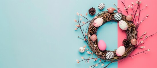 Canvas Print - Top view of a gorgeous spring wreath made from branches, cones, and Easter eggs on a colorful background. Includes copy space image in a flat lay style.