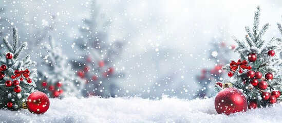 Fototapete - Festive greeting card with snow-covered fir trees, decorations, and a copy space image for personal messages.