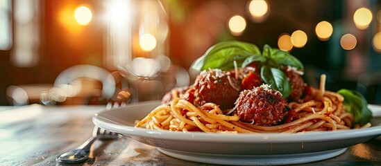 Aufkleber - Selective focus on a plate of spaghetti and meatballs on a table with a copy space image available.
