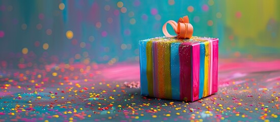 Poster - Colorful background sets off a stunning gift box with ample copy space image.