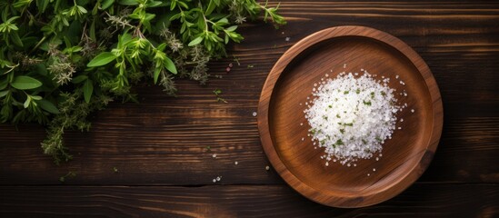 Leinwandbilder - Top view of a round wooden plate with herbs and salt displayed on a dark wooden background, with room for text or other elements in the copy space image.