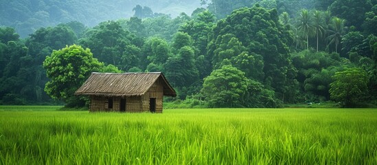 Poster - Countryside farm landscape featuring a small hut surrounded by lush green grass, with room for text or images.