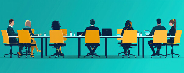 Poster - A group of people sitting at a long table in a business setting. Scene is professional and serious