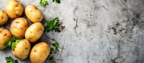 Poster - Fresh potatoes arranged on a weathered concrete surface, highlighting a food background with ample copy space in a top-down view.