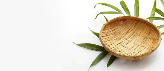 Aufkleber - Isolated on a white backdrop, a bamboo saucer is featured with copy space image.