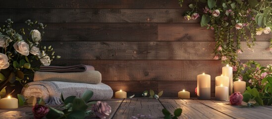 Poster - A serene spa arrangement displayed on a wooden surface with glowing candles, fresh flowers, and a designated area for text. Ideal for a copy space image.