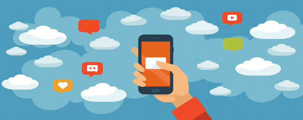 Poster - A hand holding a cell phone with a blue sky background and clouds