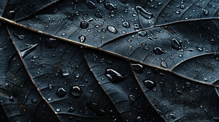 Wall Mural - water drops on a dark leaf with textured veins.