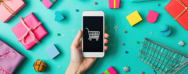 Wall Mural - A person is holding a cell phone with a shopping cart icon on it. The phone is placed on a table with various items, including a pink box, a yellow box, and a green box