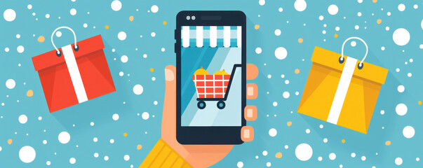 Poster - A hand holding a cell phone with a shopping cart on it, with a red box and a yellow box in the background
