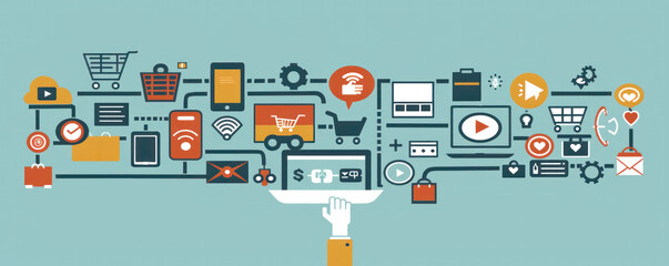 Poster - A hand is pointing at a computer screen that is filled with various icons and symbols. Concept of technology and the vast amount of information that can be accessed through it