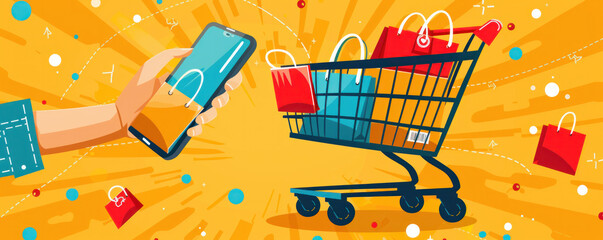 Poster - A person is holding a cell phone and shopping cart