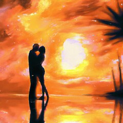 Canvas Print - AI generated illustration of a silhouette of a couple kissing against a vibrant sunset sky