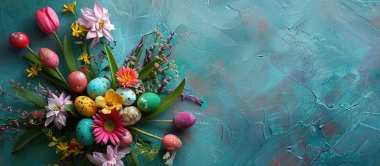 Poster - Easter celebrations depicted with festive floral arrangements and colorful eggs on an Easter-themed background with ample copy space for customization.