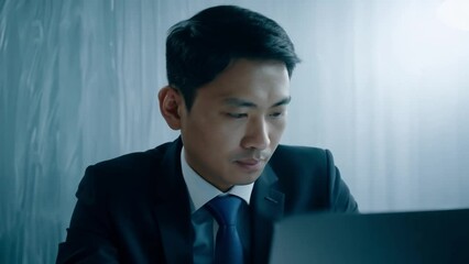 Aufkleber - A man in a suit and tie sits at a desk, working on a laptop in a dimly lit office.