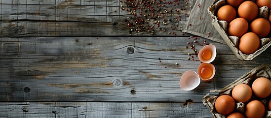 Aufkleber - Top view of organic farm chicken eggs with pepper in a cardboard box placed on a gray wooden table, creating a rustic composition with copy space image.