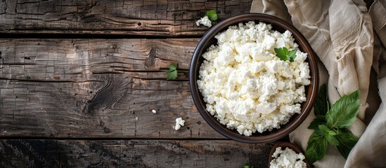 Poster - Rustic cottage cheese in a bowl on an aged wooden table, portraying homemade healthy dairy cuisine in a rustic setting with copy space image.