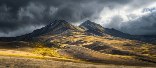 Poster - Mountain bathed in sunlight showcases yellow and brown hues with dark clouds drifting in the background, featuring noise and grain in the copy space image.