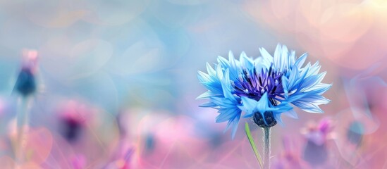 Poster - A single cornflower (Centaurea Cyanus) blooming in a meadow with pastel hues, set in a horizontal layout against a large backdrop for copy space image.