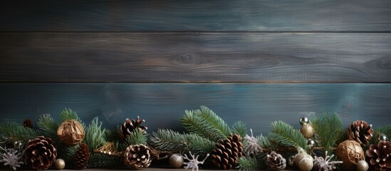 Canvas Print - Festive Christmas corner with conifer, ornaments, and pine cones setting against a backdrop of copy space image.