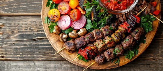 Poster - Horizontal photo of a traditional Ramadan mix kebab plate with beef, baked vegetables, mushrooms, and tomato sauce on a wooden background, featuring copy space image.
