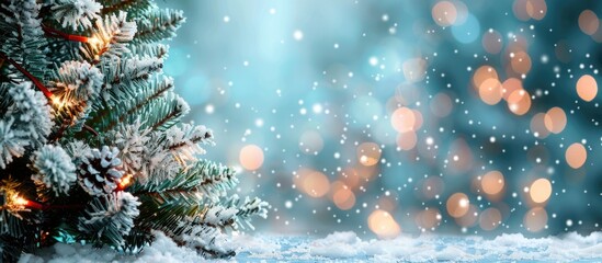 Poster - Snow-covered fir tree decorated for Christmas with a magical light bokeh backdrop, creating a charming scene with room for your holiday wishes in the copy space image.