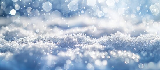 Wall Mural - Fresh snow texture with a shiny, natural look perfect for a winter-themed background, featuring a macro bokeh abstract with copy space image.