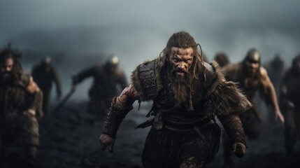 Gallowglass warrior, Norse-Gaelic clans of Ireland and Scotland, muscular and with battle scars, walking in the battlefield 