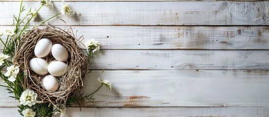 Aufkleber - Easter-themed backdrop featuring flowers, a nest with eggs, set against white wooden boards with a blank area for text or visuals; suitable as a copy space image.