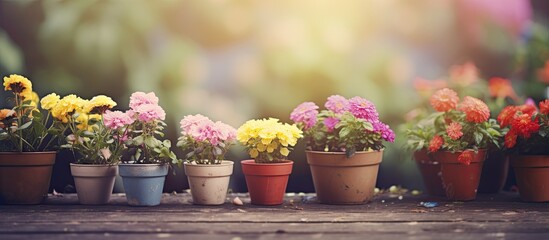Aufkleber - Flowers in pots with colorful blur in an abstract garden setting, perfect for advertising with copy space image.