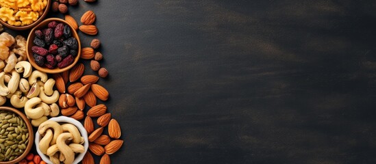 Poster - Top view of an assortment of nuts and dried fruits with copy space image.