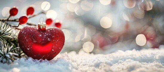 Sticker - A Christmas decoration adorned with a red heart, set against a snowy backdrop, providing an ideal copy space image.