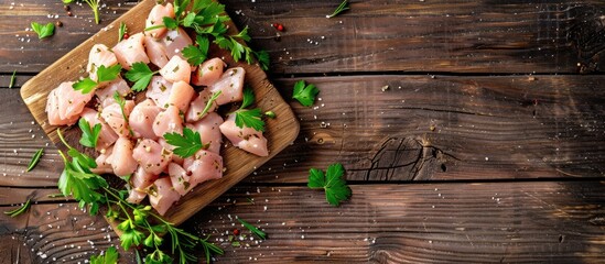 Fototapete - A top view of diced raw chicken breast fillets seasoned with herbs on a wooden background with copy space image.