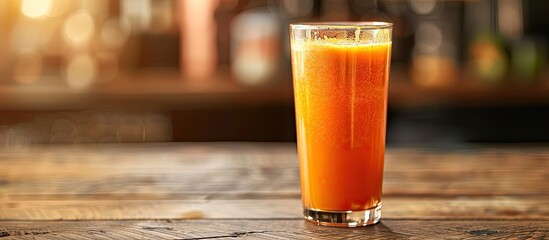 Poster - A glass of healthy carrot and tangerine juice on a wooden table, ideal for incorporating copy space image.
