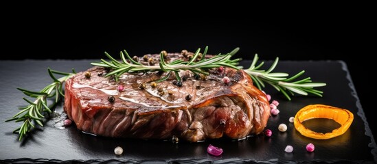 Canvas Print - A ribeye beef steak adorned with rosemary and marinated onion on a sleek black stone table, perfect for adding text or images