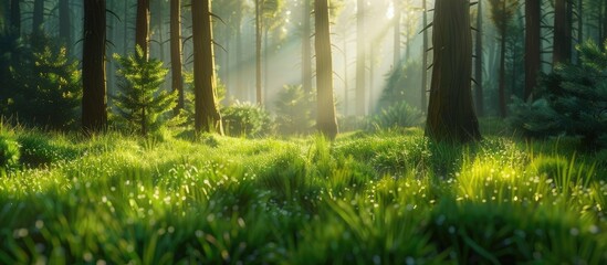 Poster - Lush green grasses in a forest setting with tall pine trees, creating a serene backdrop.