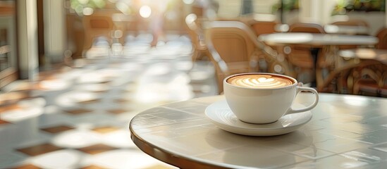 Aufkleber - Cappuccino cup on the table corner against a blurred tiled floor, with copy space image.